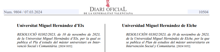 Publicado el Plan de estudios del Máster MUISOCIAL en el DOGV